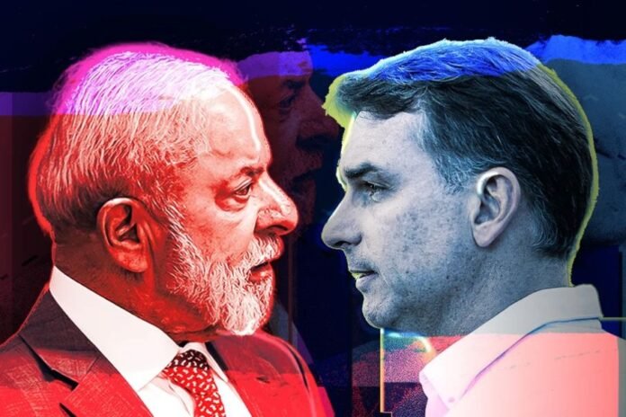 Simulação de debate entre Flávio Bolsonaro e Lula em pesquisa eleitoral.