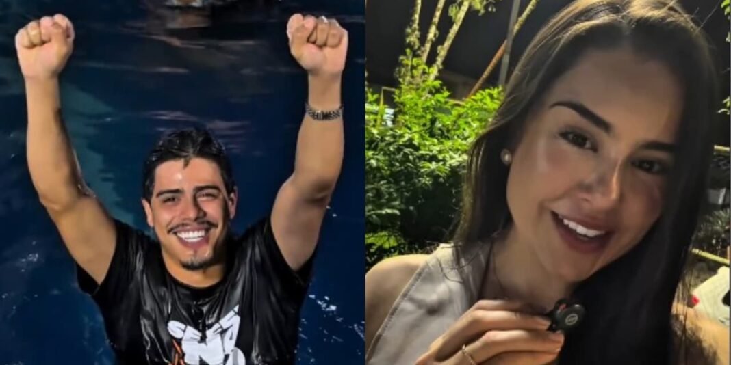 Homem sendo batizado em piscina com irmã presente, celebração de fé.