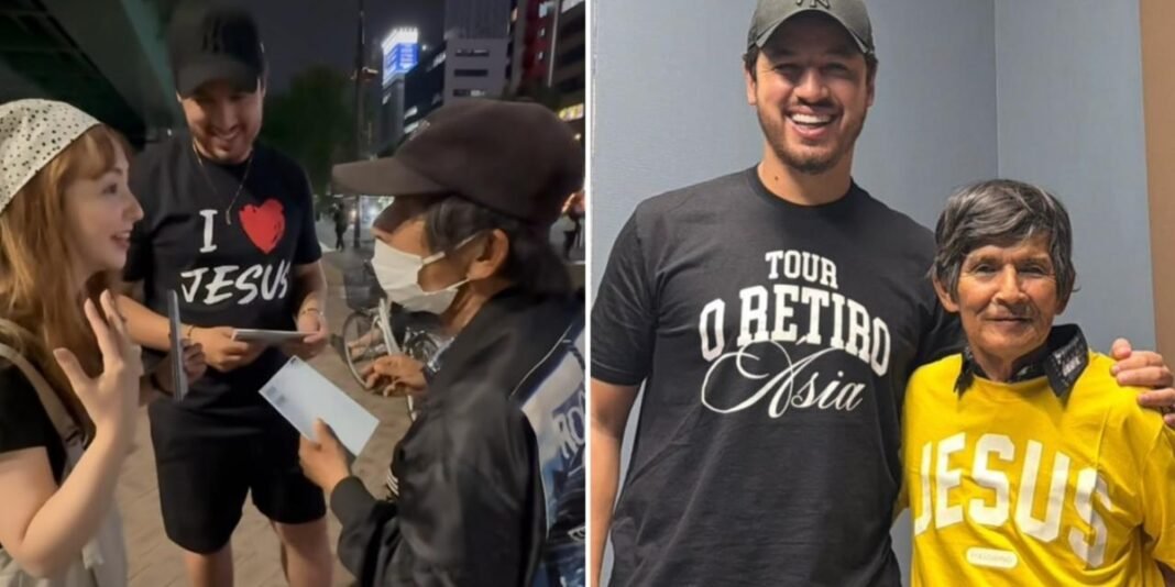 Evangelista Guilherme Batista conversa com Hami em rua japonesa, com tradutora presente