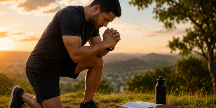 Uma pessoa em postura meditativa, irradiando serenidade e saúde, representando a união de jejum e vigor físico para o propósito de vida.