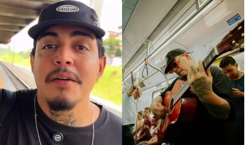 Jovem rapper Matheus Brisa pregando em um trem