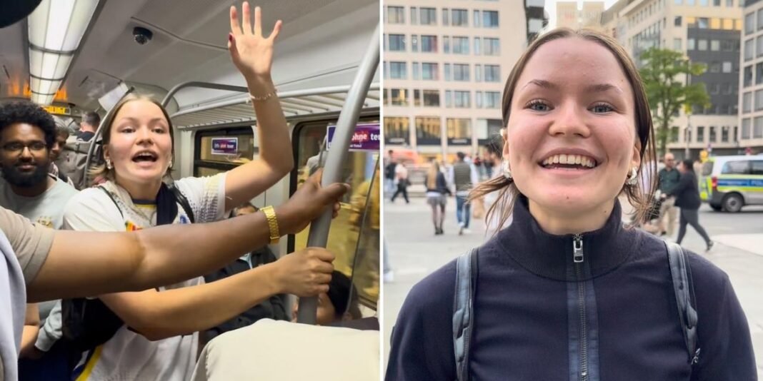 Jovem cristã pregando em metrô em Frankfurt, Alemanha.
