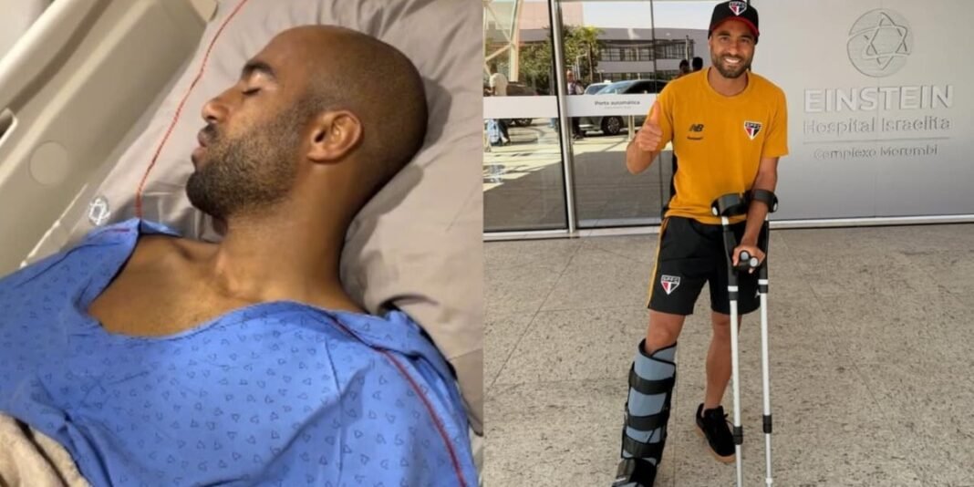 Lucas Moura em cama de hospital louvando a Deus após cirurgia