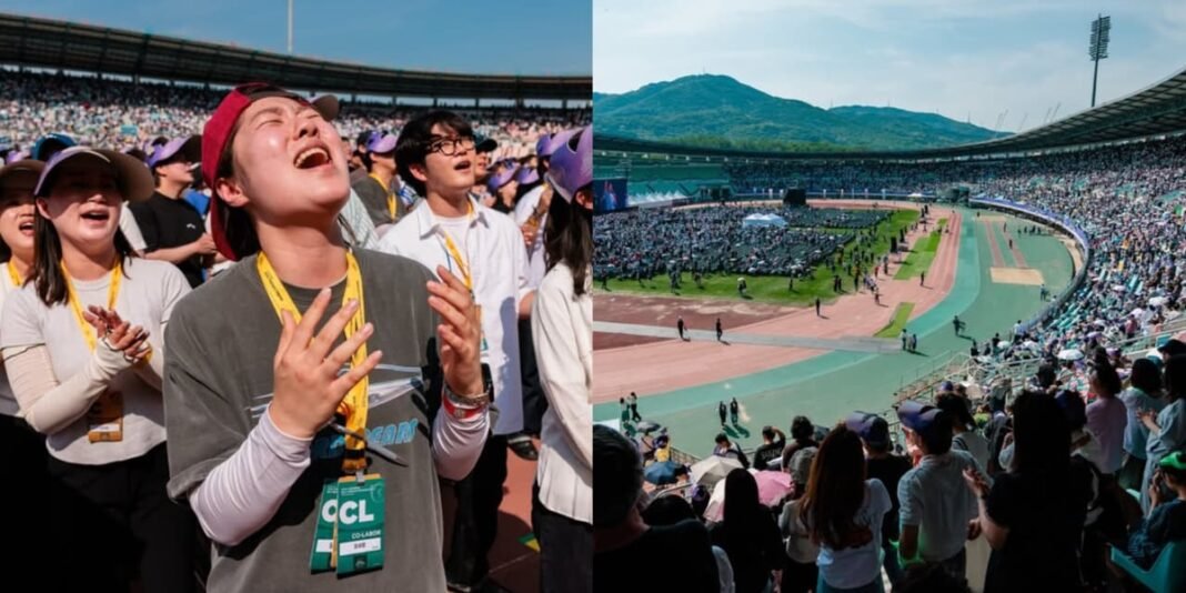 Multidão assistindo a uma cruzada evangelística em um estádio na Coreia do Sul com o evangelista Will Graham.