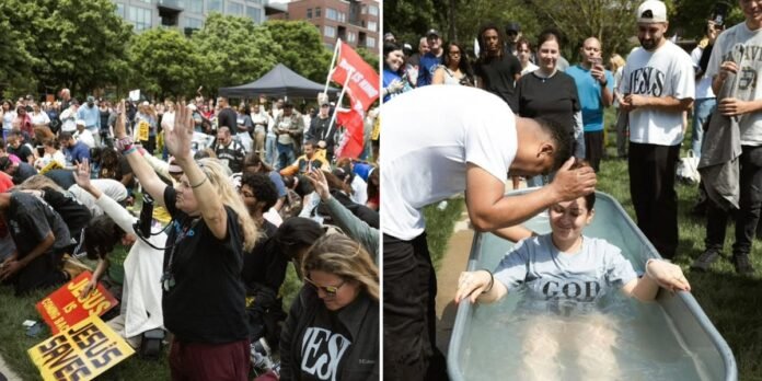 Milhares participam da Marcha para Jesus nos Estados Unidos Cristãos marchando pelas ruas de Columbus, EUA, em evento evangelístico.