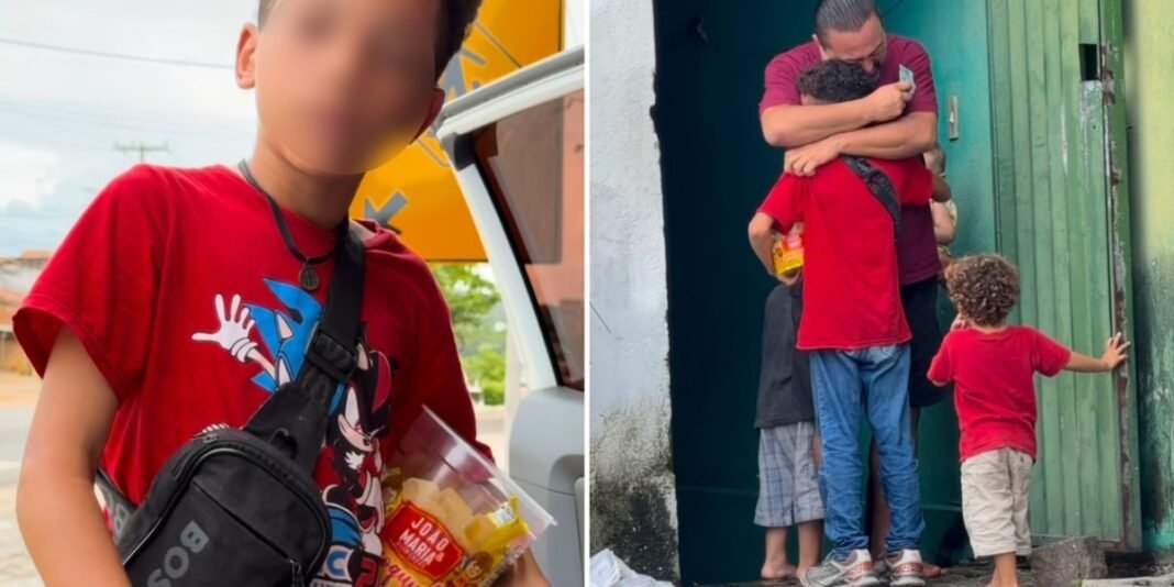 Menino vendendo paçocas em um semáforo com um sorriso esperançoso