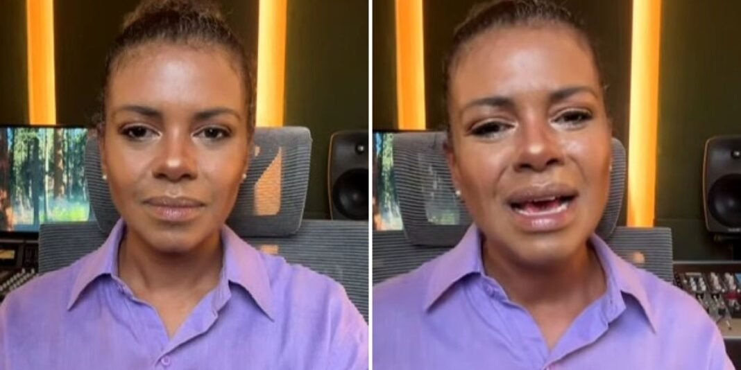 Nívea Soares em pose reflexiva durante entrevista