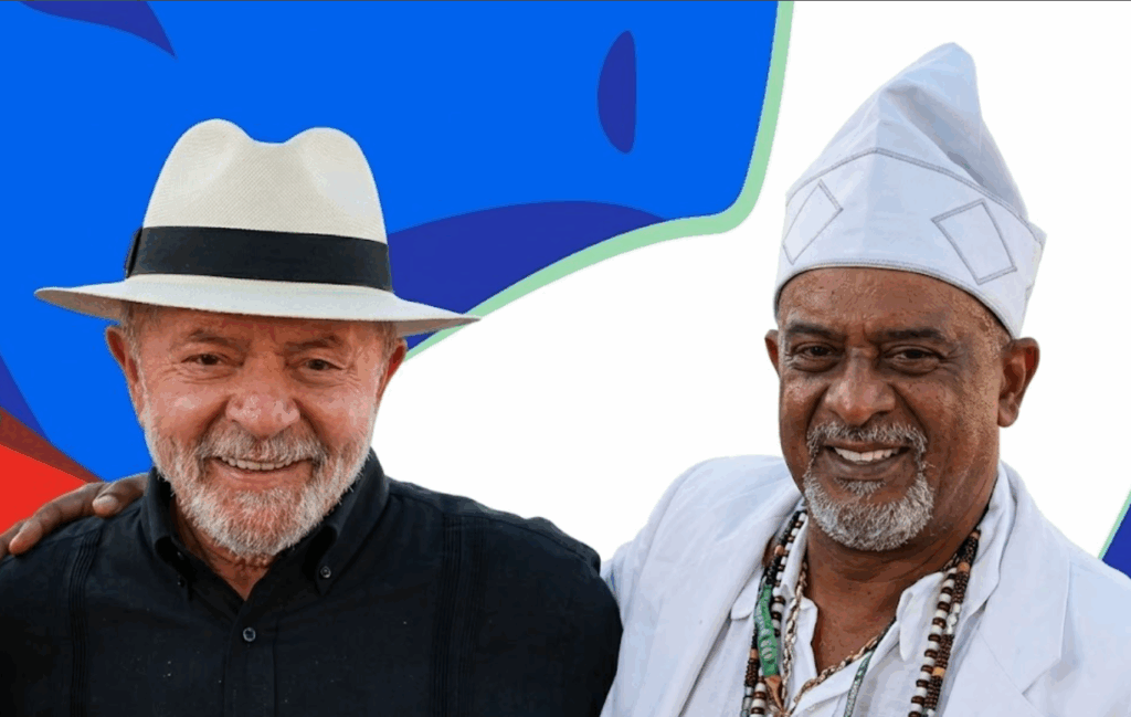 Presidente Lula em evento cultural com pai de santo pedindo proteção espiritual