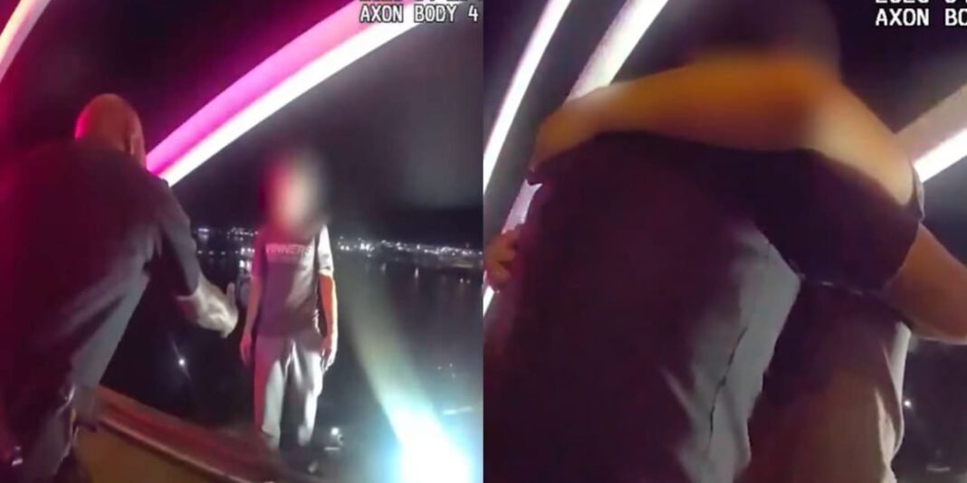 Policial estende a mão para homem em ponte, oferecendo ajuda e esperança.