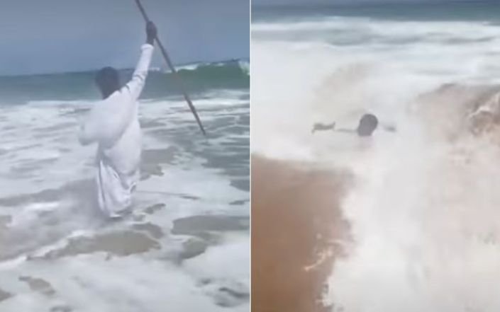 Pregador africano assustado corre de onda após tentar abrir o mar