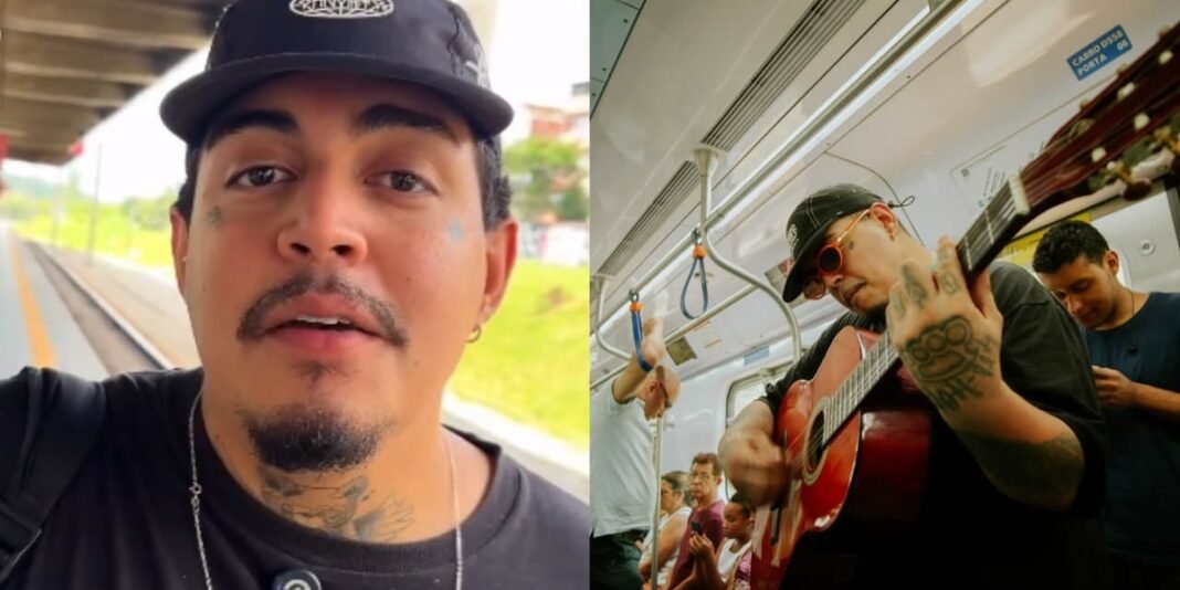 Rapper Matheus Brisa pregando o Evangelho através do rap gospel em um trem.