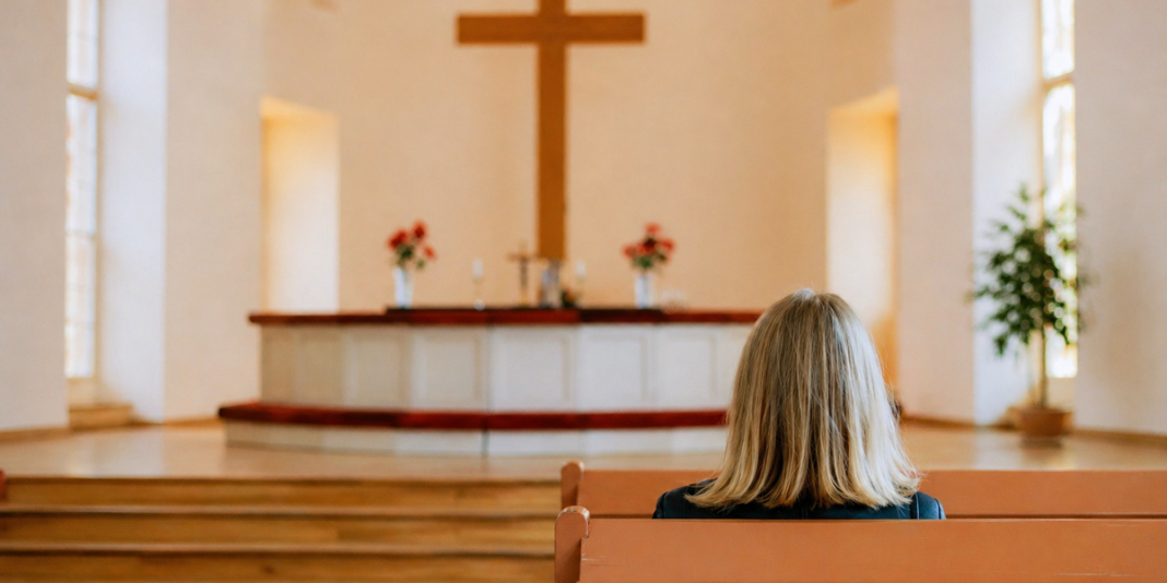 Pessoas em uma igreja demonstrando apoio e compaixão umas às outras em um ambiente de acolhimento.