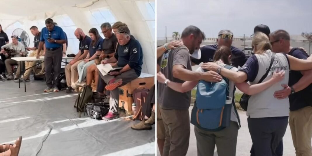 Voluntários da Samaritan's Purse distribuindo suprimentos para moradores afetados pelo tufão Sinlaku nas Ilhas Marianas.