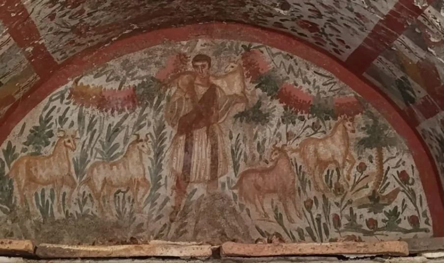 Afresco de Jesus Bom Pastor do século III, descoberto na Turquia, exibindo excelente preservação