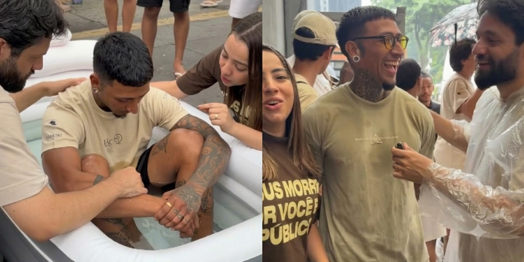 Jovem sendo batizado em banheira inflável na Avenida Paulista durante evento religioso