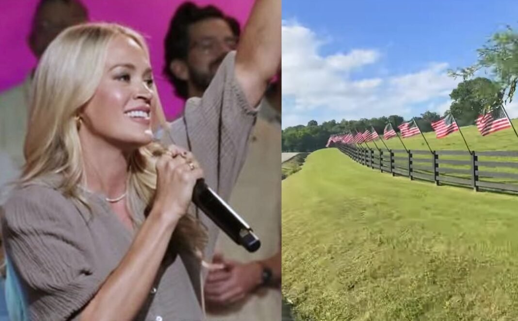 Carrie Underwood dirigindo com 1.800 bandeiras americanas ao lado da estrada