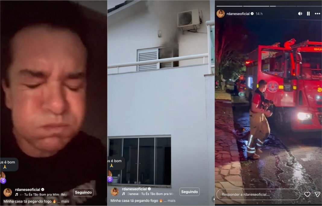 Casa residencial em chamas com bombeiros combatendo o fogo