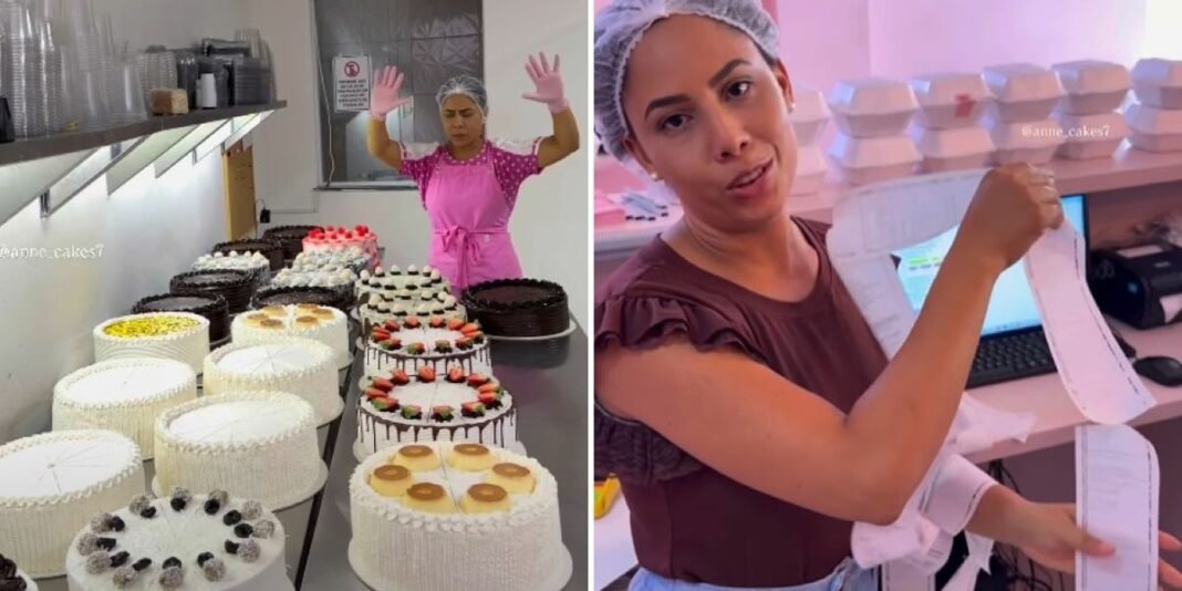 Confeiteira cristã sorri ao lado de mesa cheia de fatias de bolo vendidas rapidamente.