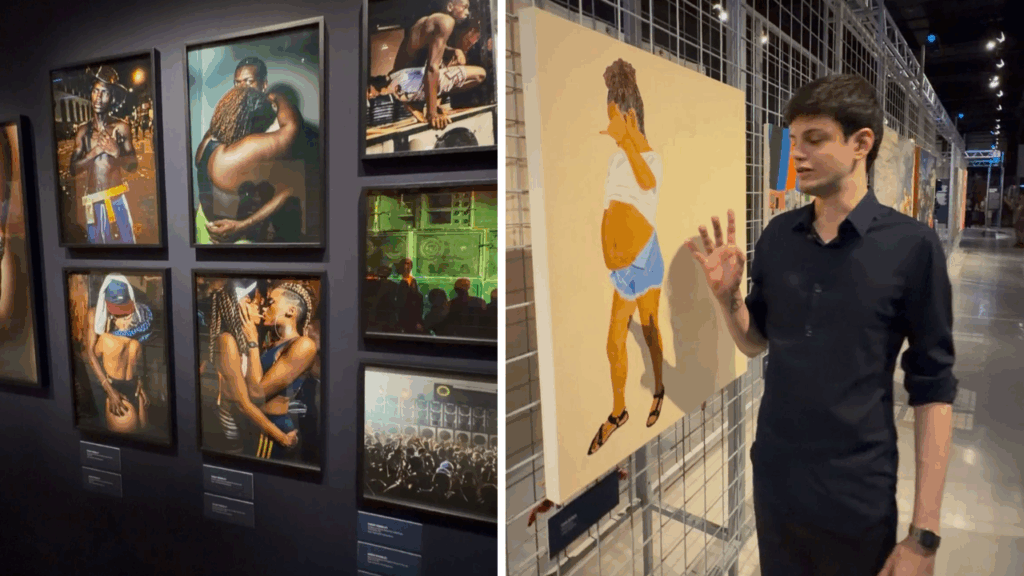 Detalhe de obra de arte em exposição de funk com elementos gráficos urbanos.