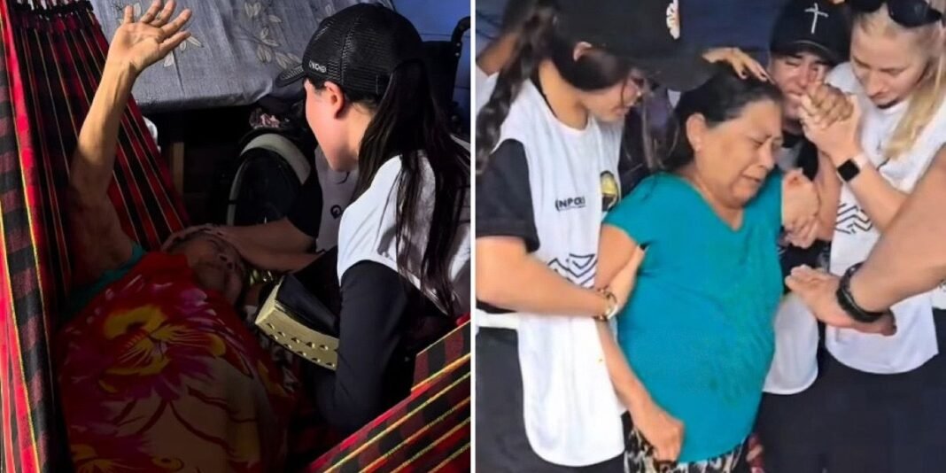 Idosa surpreende ao caminhar após oração no Marajó, com missionários testemunhando.