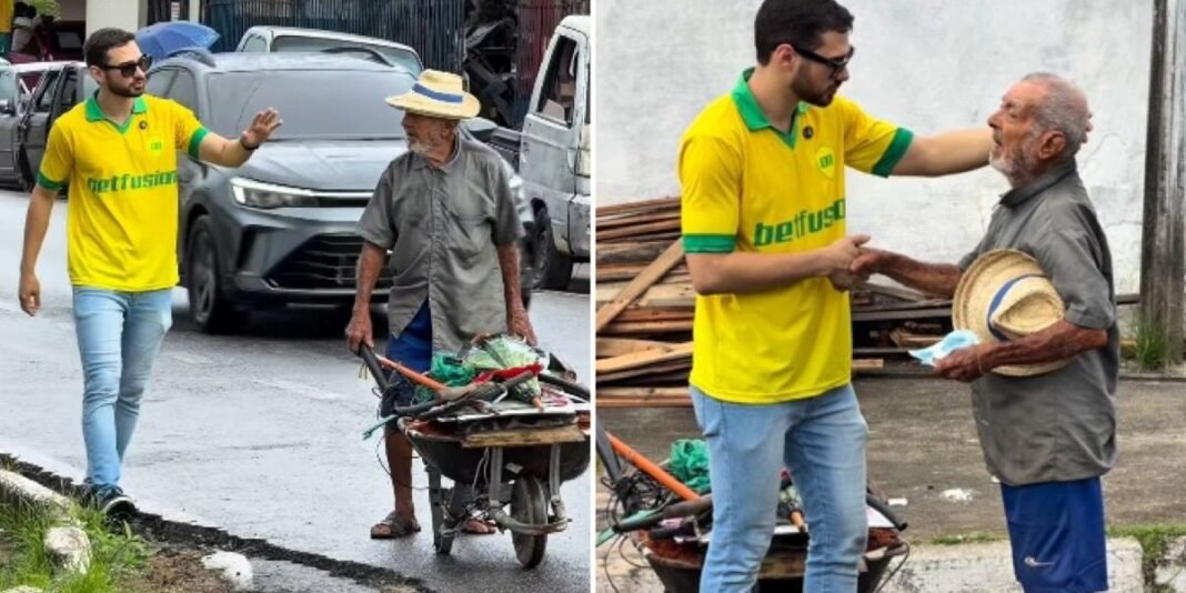 Idoso de 94 anos sorri em gratidão após receber ajuda para comprar gás.