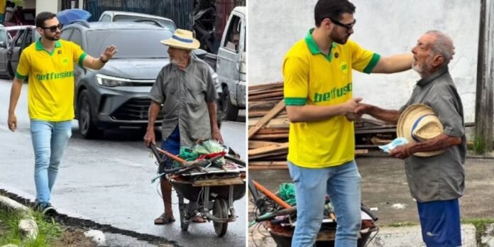 A força da fé em momentos de necessidade Idoso de 94 anos sorri em gratidão após receber ajuda para comprar gás.