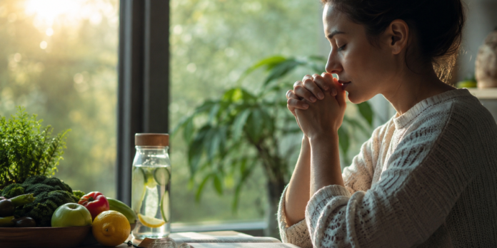 Jejum e a busca pela serenidade interior e saúde física. Pessoa meditando em ambiente calmo durante o jejum, transmitindo paz e clareza mental.