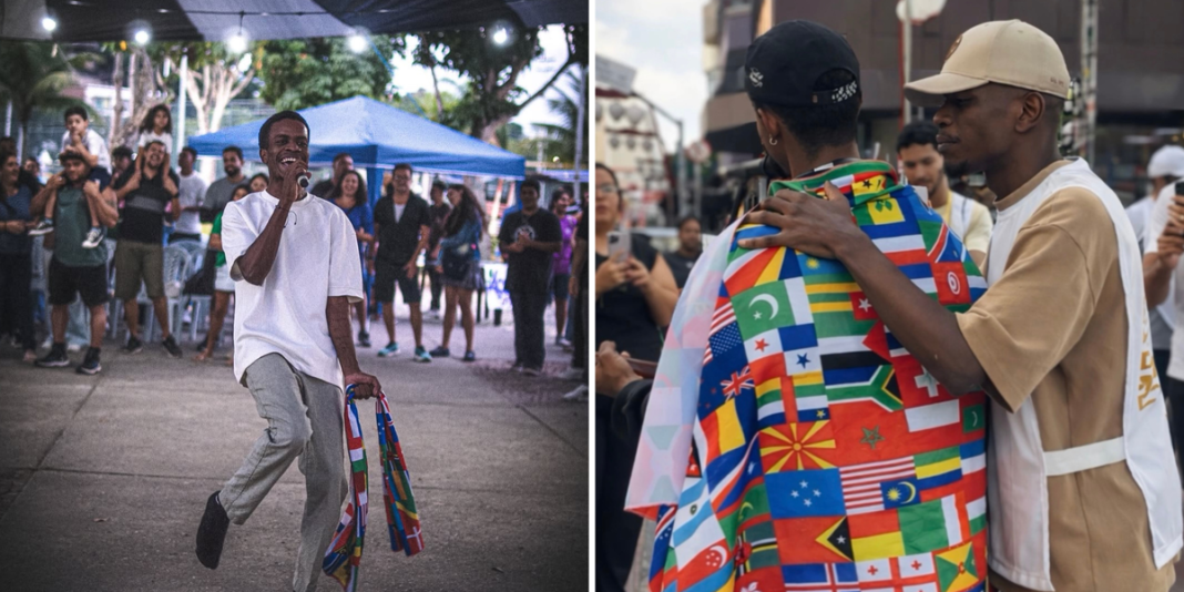 Jovem missionário Gustavo Emanuel pregando o Evangelho em um ambiente urbano.