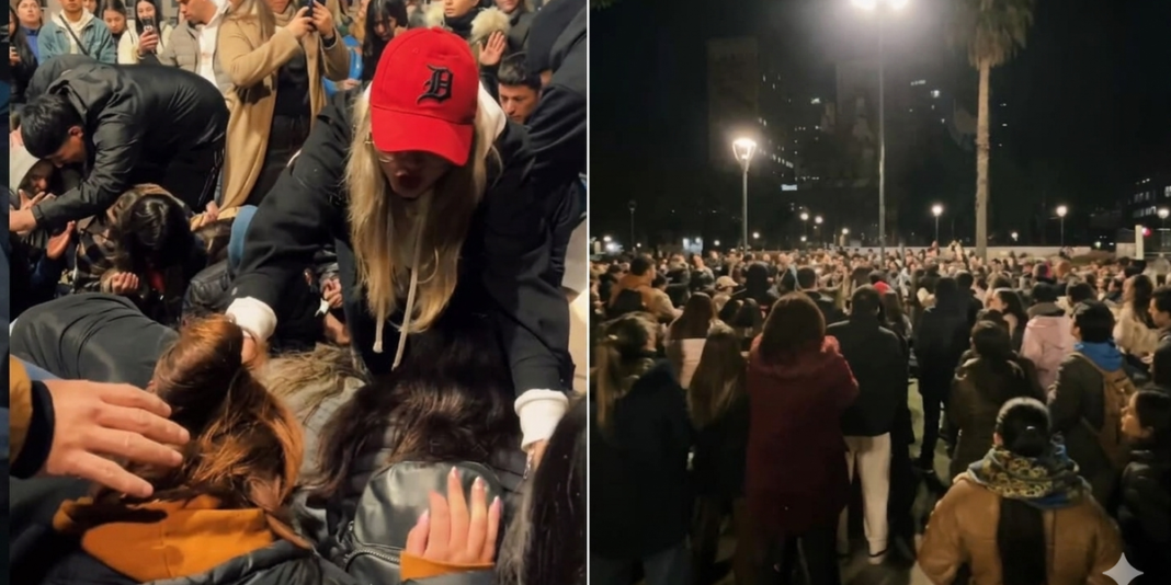 Jovens universitários em um culto ao ar livre na Universidade de Buenos Aires, Argentina.