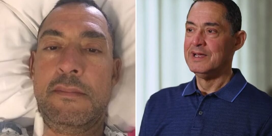 Homem e sua esposa abraçados em casa, celebrando a recuperação após um evento médico grave.