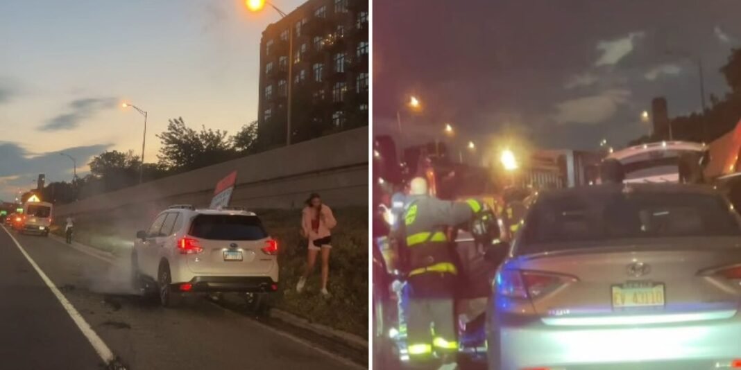 Grupo de cristãos orando por mulher em crise convulsiva em rodovia enquanto equipes de resgate chegam.