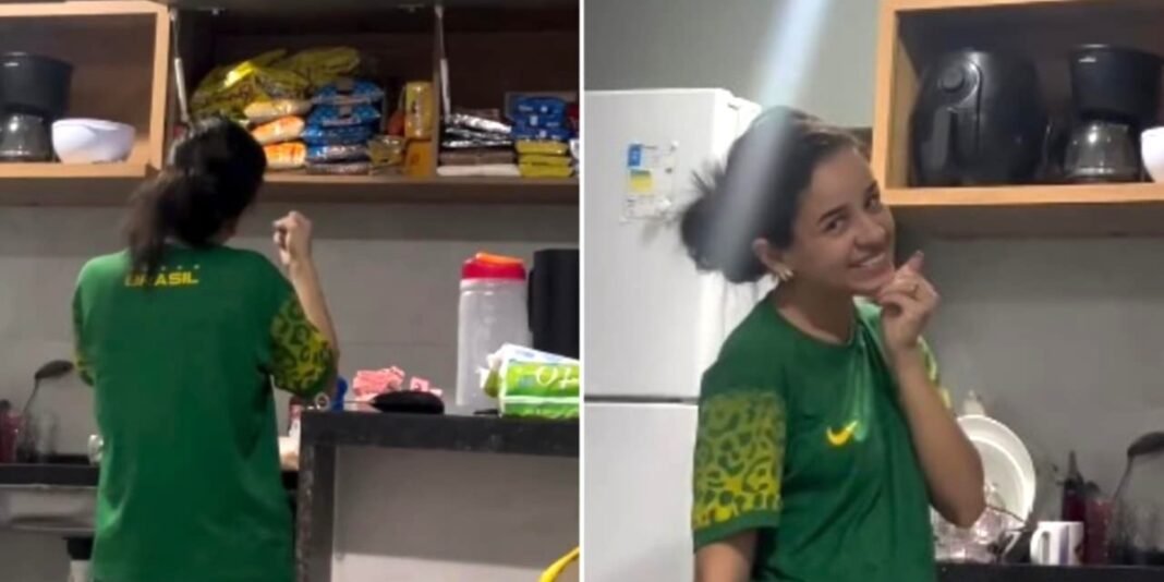 Mulher surda gesticulando em Libras para agradecer por compras em sua cozinha