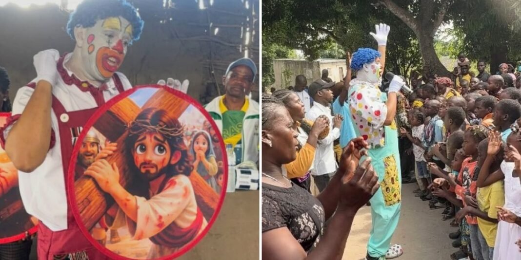 Palhaço brasileiro distribui lanches e alegra crianças em comunidade carente de Moçambique.