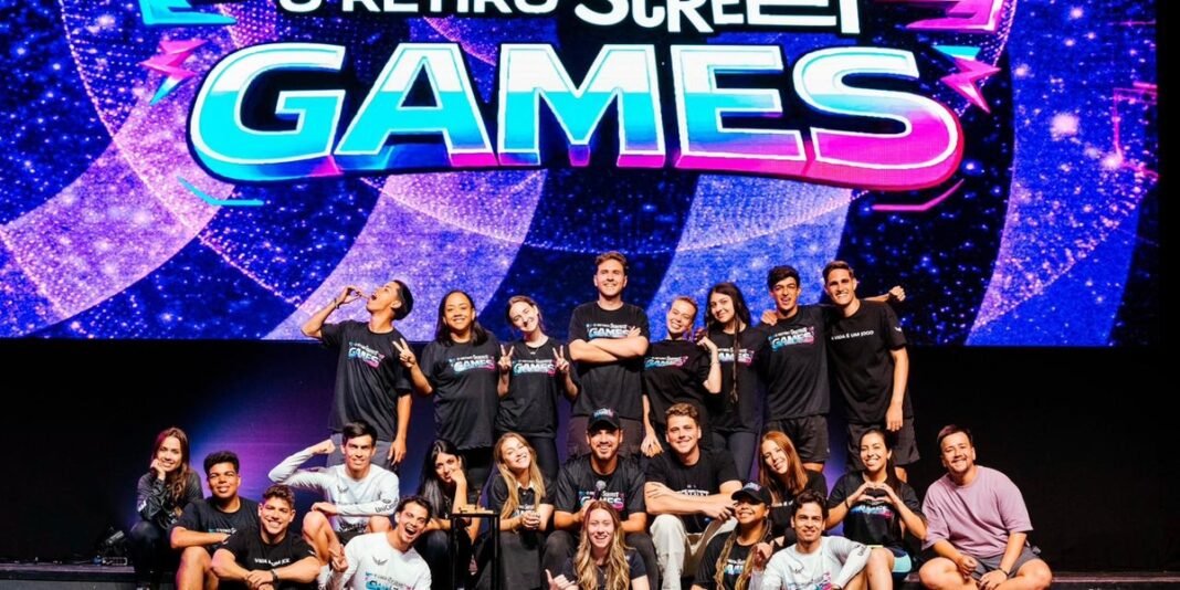 Participantes do reality show cristão 'Retiro Street Games' interagindo em estúdio