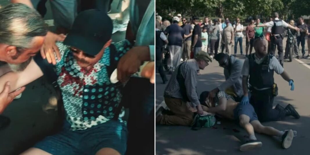 Pregador de rua ensanguentado recebendo socorro após agressão em parque de Londres