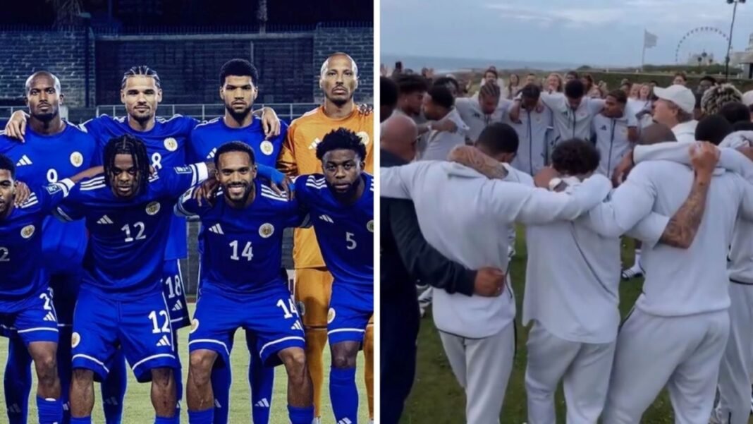 Jogadores da seleção de Curaçao em oração e louvor antes da estreia na Copa do Mundo.