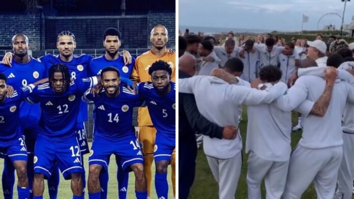 Momento de fé da seleção de Curaçao antes da Copa Jogadores da seleção de Curaçao em oração e louvor antes da estreia na Copa do Mundo.