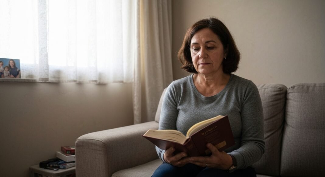 Mulher encontra conforto lendo a Bíblia após enfrentar dificuldades.