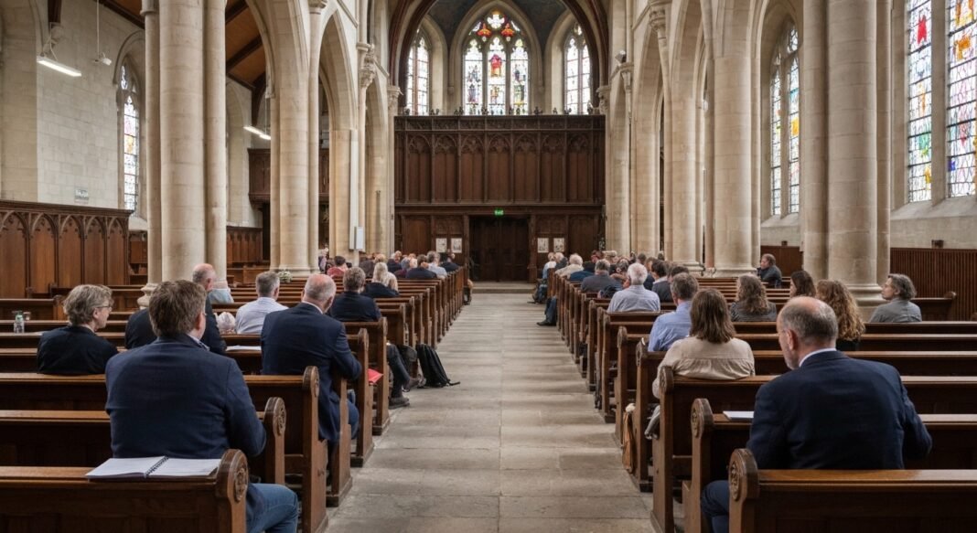 Clérigos e leigos discutindo durante o Sínodo Geral da Igreja da Inglaterra