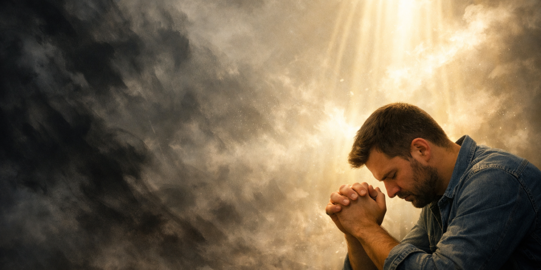 Arca de madeira em meio a tempestade com ondas fortes, simbolizando a jornada espiritual.