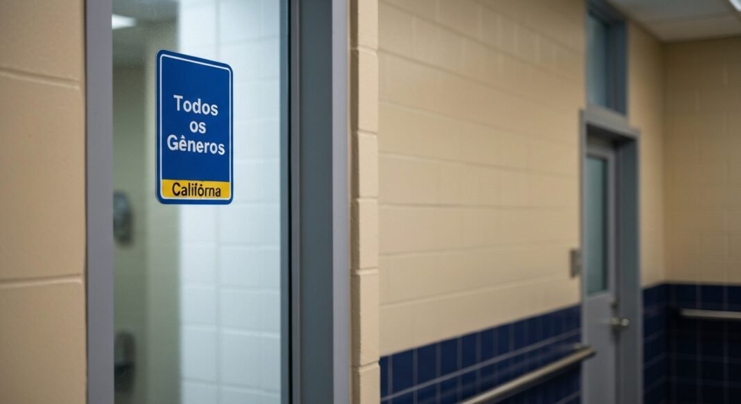 Entrada de um banheiro escolar unissex na Califórnia