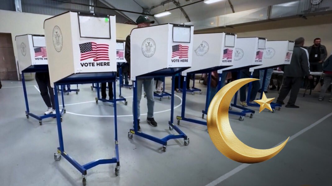 Grupo diverso de muçulmanos americanos em comício político vibrante nos Estados Unidos