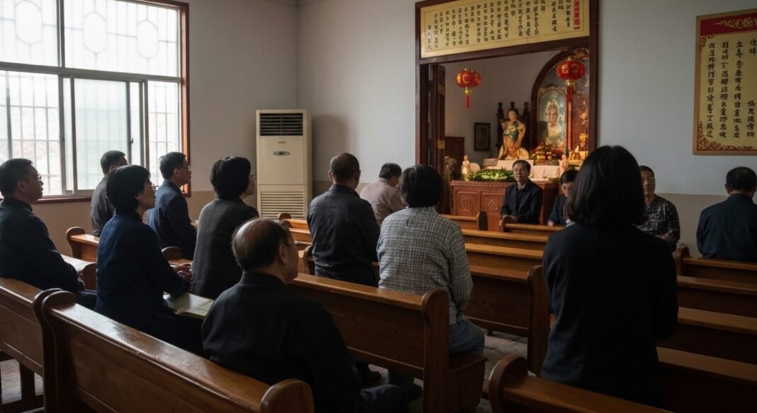 Comunidade cristã reunida em igreja doméstica secreta na China, demonstrando fé em discrição.