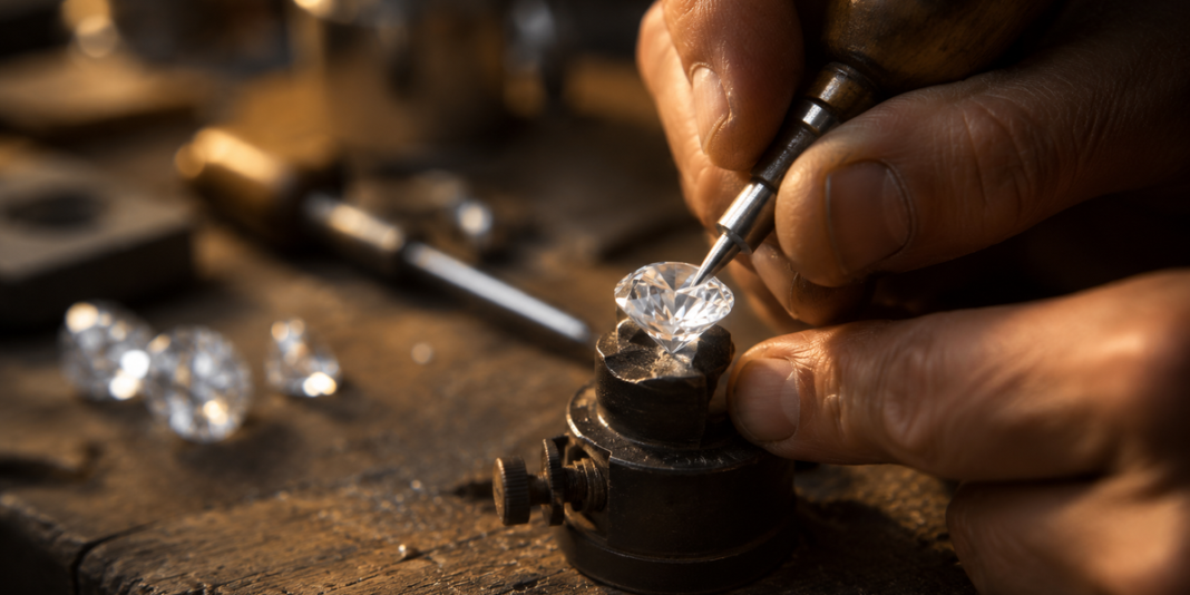 Diamante bruto em processo de lapidação sob luz focada, simbolizando a transformação e o cuidado divino.