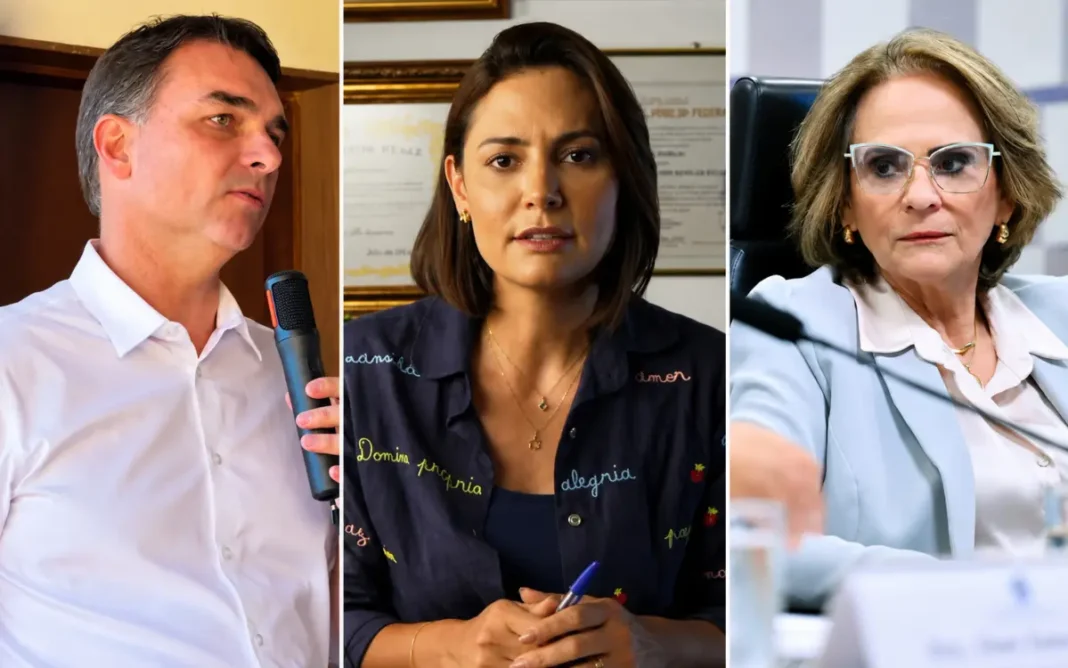 Flávio Bolsonaro em coletiva de imprensa abordando crise na direita