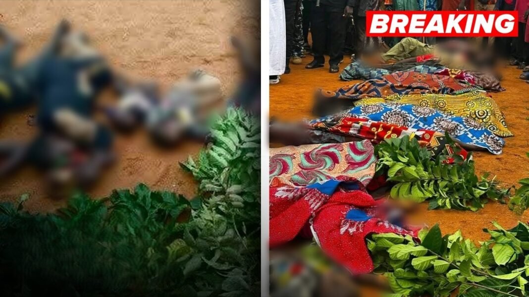 Aldeia nigeriana em ruínas após ataque com casas destruídas e fumaça.