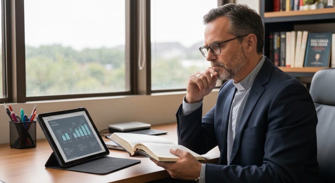 Pastor refletindo sobre o uso da inteligência artificial por cristãos praticantes.
