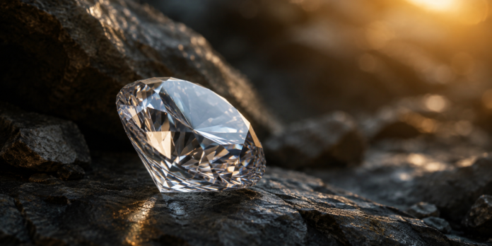Lapidação de diamante, símbolo de transformação espiritual Close-up de um diamante sendo lapidado, com luz destacando as facetas e a estrutura.