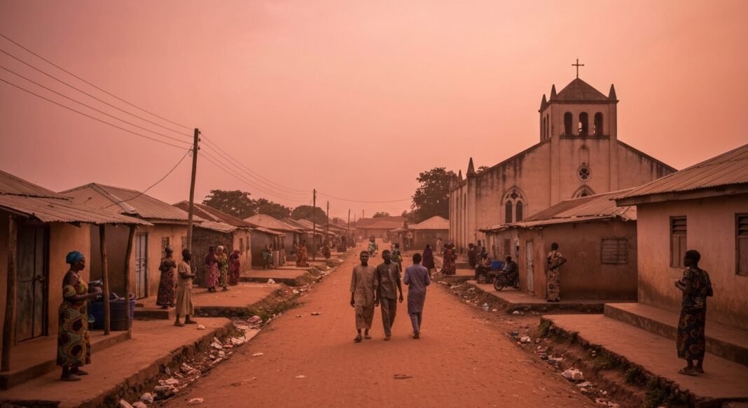 Comunidade nigeriana na Faixa Central, com semblantes preocupados, diante de casas simples e uma igreja danificada.