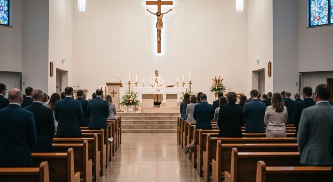 Grupo diverso de fiéis protestantes participando de um culto com um estilo de adoração equilibrado.
